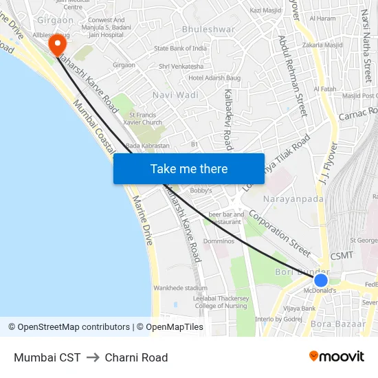 Mumbai CST to Charni Road map