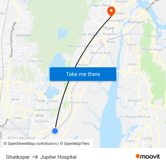 Ghatkopar to Jupiter Hospital map
