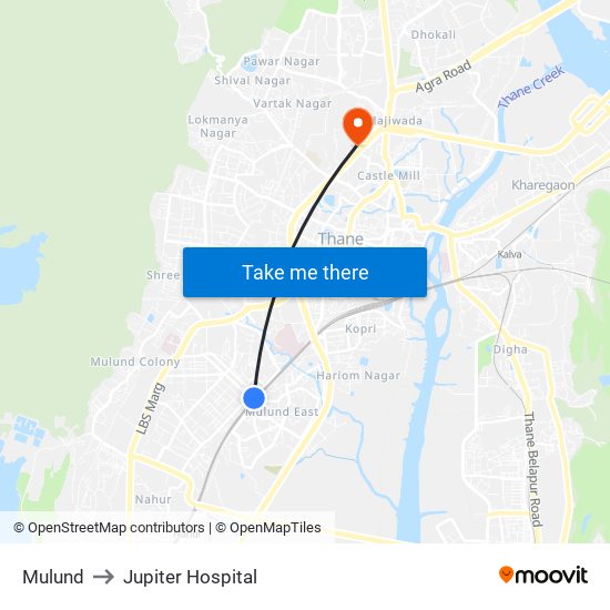 Mulund to Jupiter Hospital map