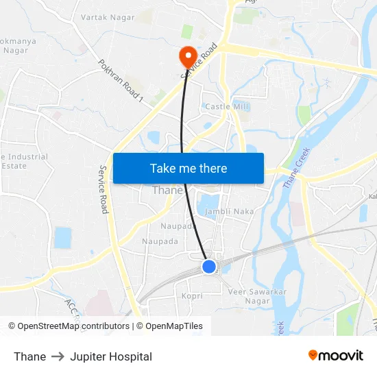 Thane to Jupiter Hospital map
