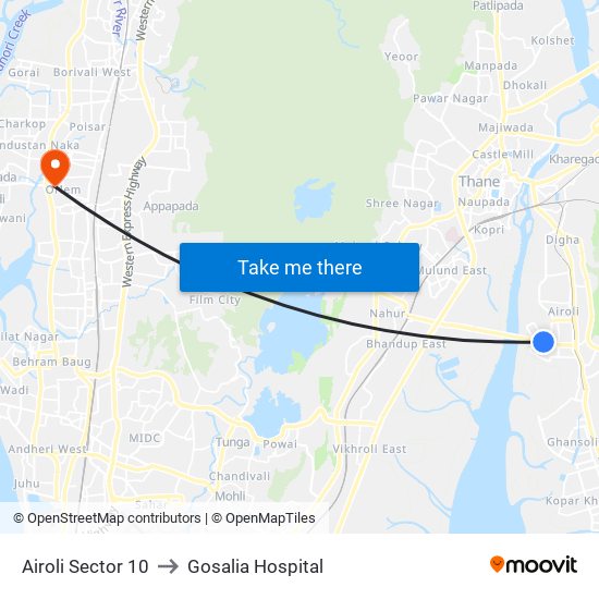 Airoli Sector 10 to Gosalia Hospital map