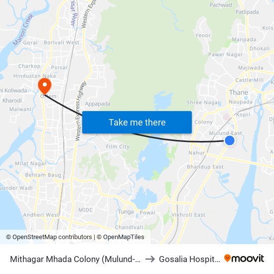 Mithagar Mhada Colony (Mulund-E) to Gosalia Hospital map