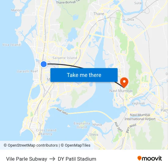 Vile Parle Subway to DY Patil Stadium map