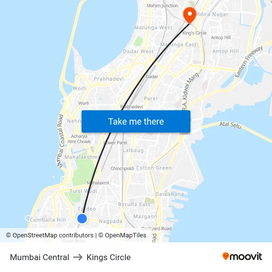 Mumbai Central to Kings Circle map