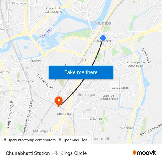 Chunabhatti Station to Kings Circle map