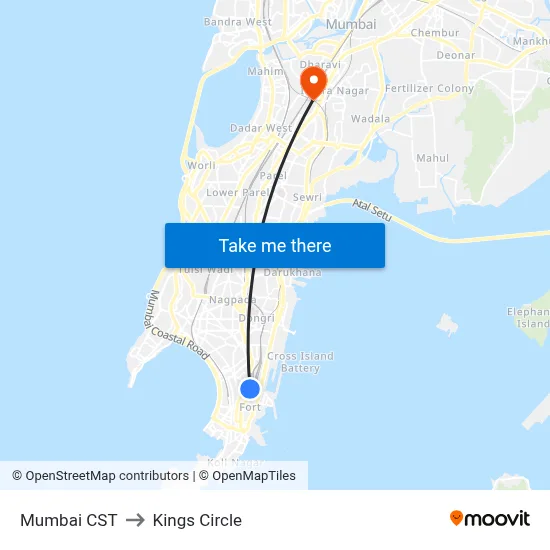 Mumbai CST to Kings Circle map