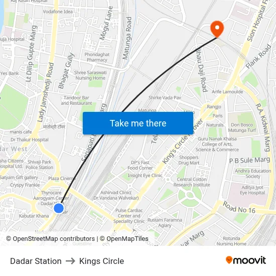 Dadar Station to Kings Circle map