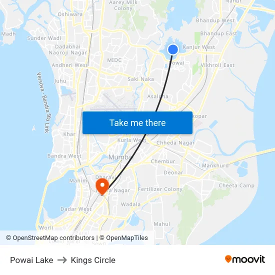 Powai Lake to Kings Circle map