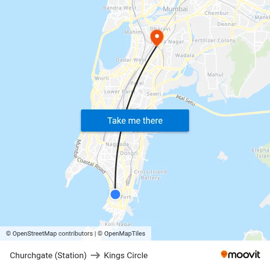Churchgate (Station) to Kings Circle map