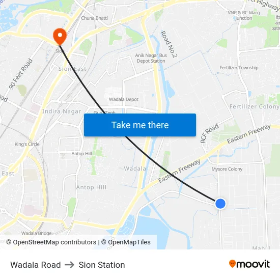 Wadala Road to Sion Station map