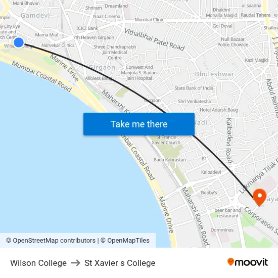 Wilson College to St Xavier s College map