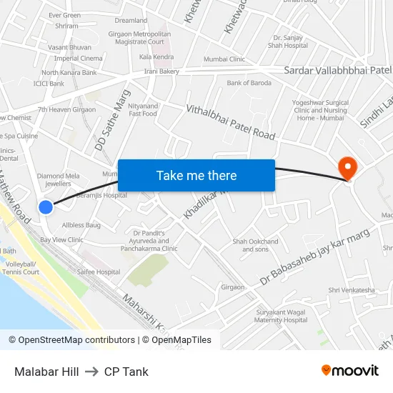 Malabar Hill to CP Tank map