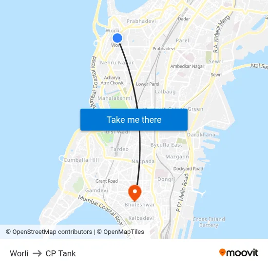 Worli to CP Tank map