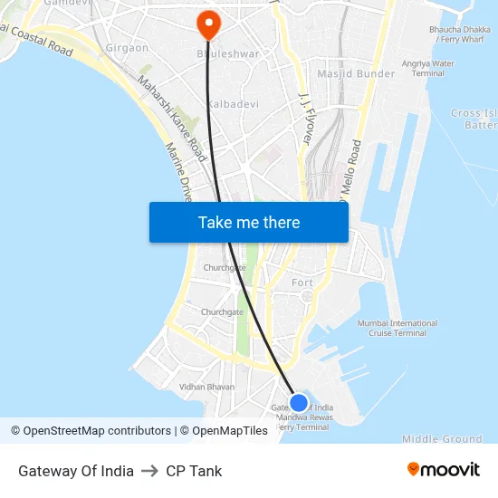 Gateway Of India to CP Tank map