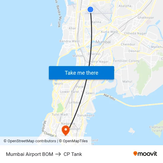Mumbai Airport BOM to CP Tank map