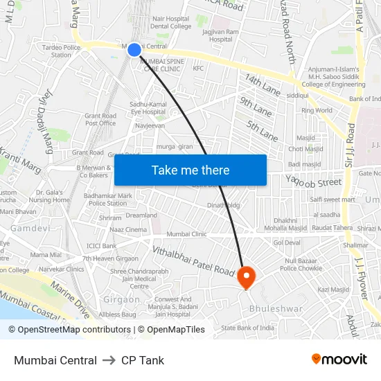 Mumbai Central to CP Tank map