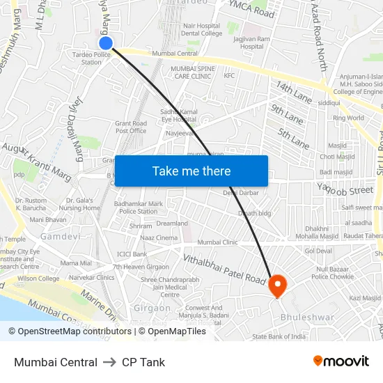 Mumbai Central to CP Tank map