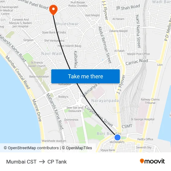 Mumbai CST to CP Tank map