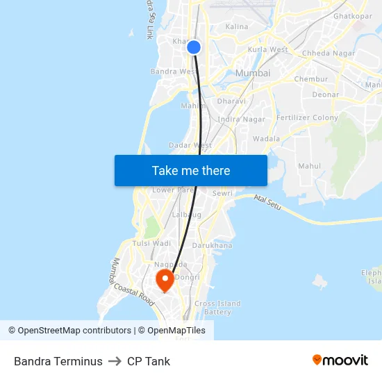 Bandra Terminus to CP Tank map