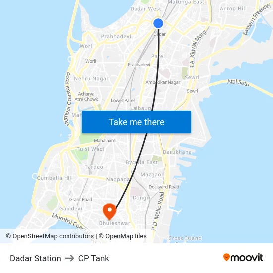 Dadar Station to CP Tank map