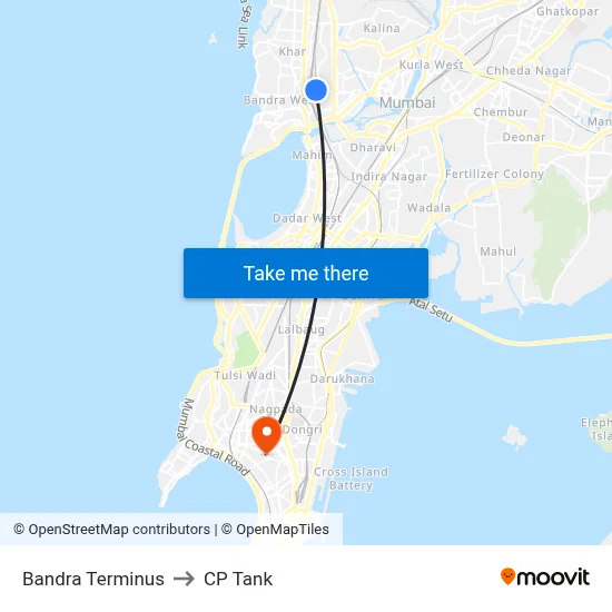 Bandra Terminus to CP Tank map