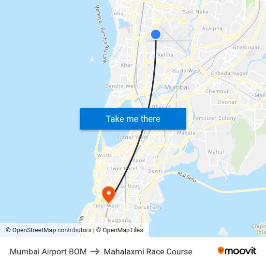 मुंबई हवाई अड्डा to महालक्ष्मी रेस कोर्स map