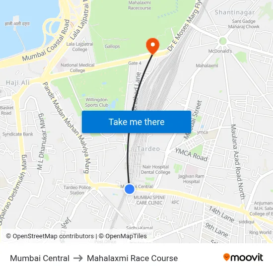 Mumbai Central to Mahalaxmi Race Course map