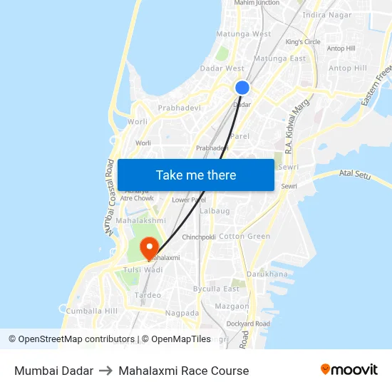 मुंबई दादर to महालक्ष्मी रेस कोर्स map