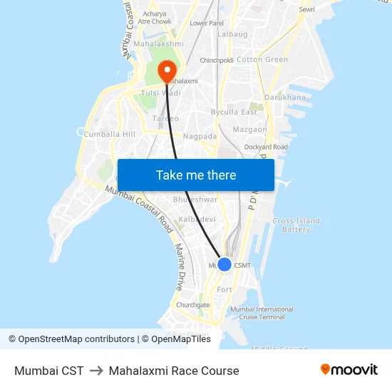 Mumbai CST to Mahalaxmi Race Course map