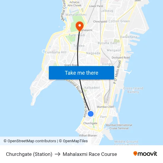 Churchgate (Station) to Mahalaxmi Race Course map