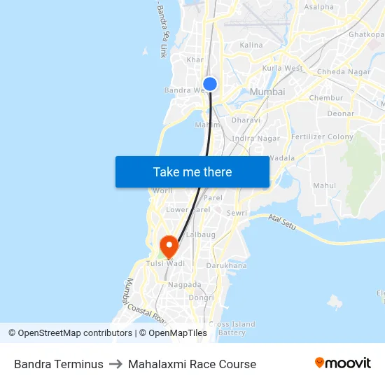 Bandra Terminus to Mahalaxmi Race Course map