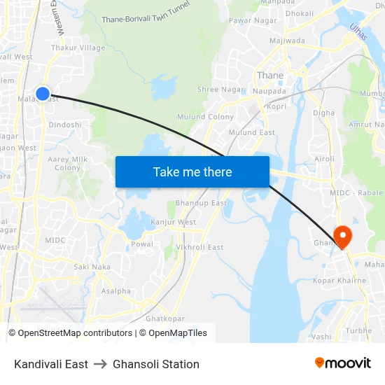 Kandivali East to Ghansoli Station map