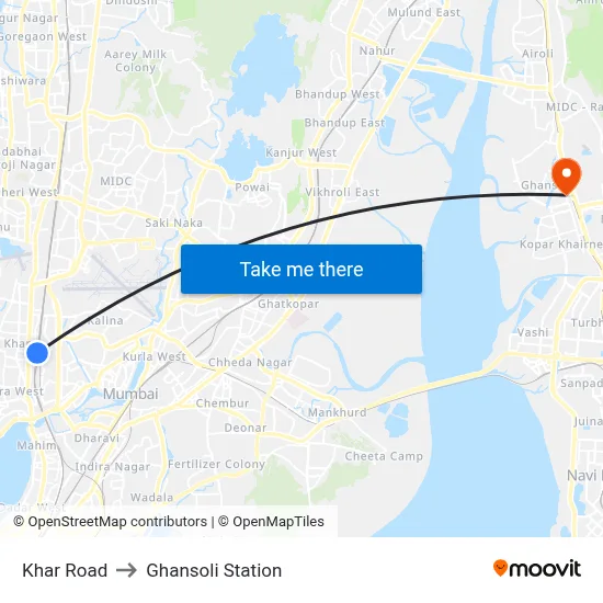 Khar Road to Ghansoli Station map