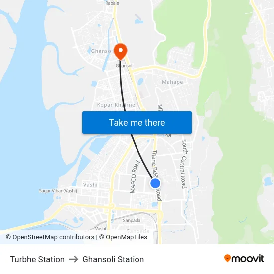 Turbhe Station to Ghansoli Station map