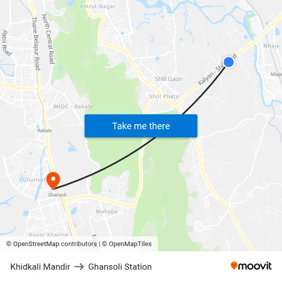 Khidkali Mandir to Ghansoli Station map