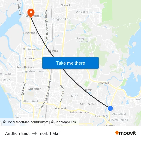 अंधेरी पूर्व to इनऑर्बिट मॉल map