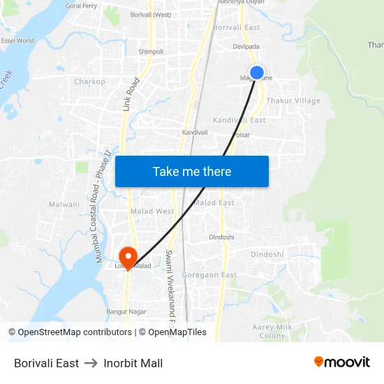 Borivali East to Inorbit Mall map
