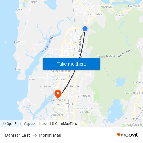 दहीसर पूर्व to इनऑर्बिट मॉल map
