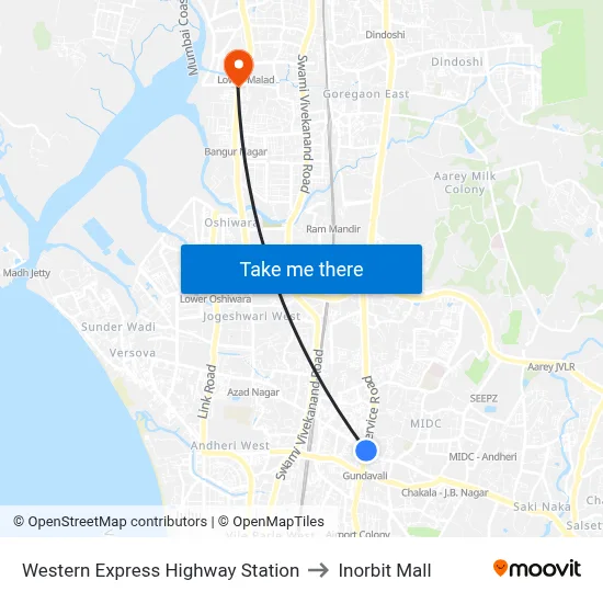 Western Express Highway Station to Inorbit Mall map