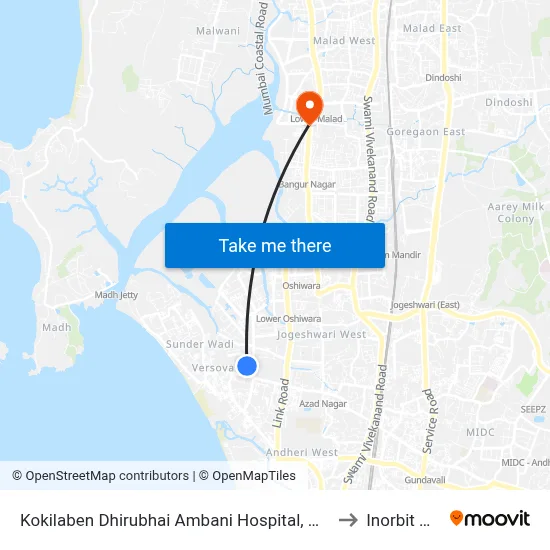 Kokilaben Dhirubhai Ambani Hospital, Mumbai to Inorbit Mall map