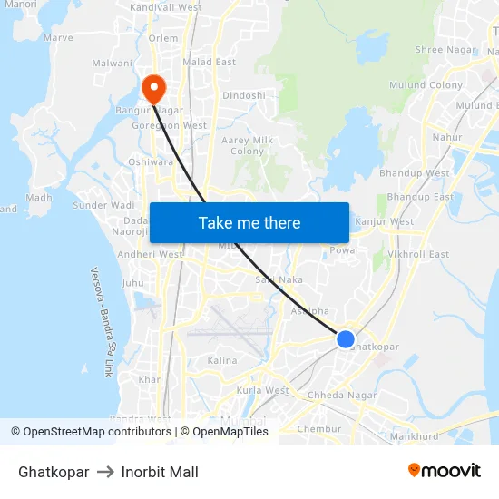 Ghatkopar to Inorbit Mall map