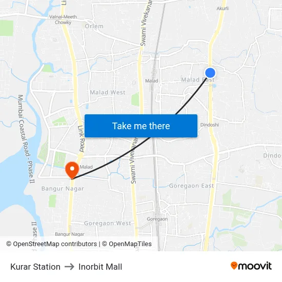 Kurar Station to Inorbit Mall map