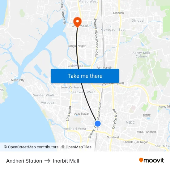 Andheri Station to Inorbit Mall map