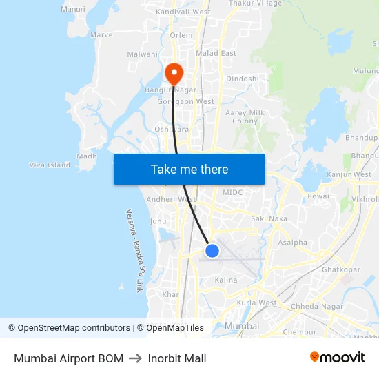 Mumbai Airport BOM to Inorbit Mall map