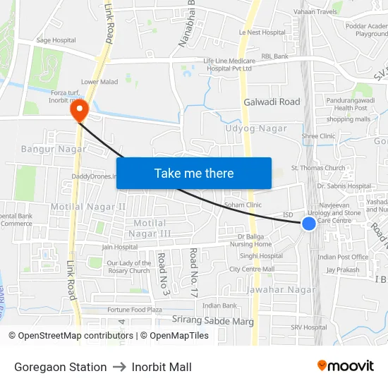 Goregaon Station to Inorbit Mall map
