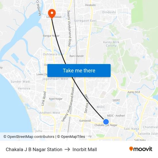चकाला जे बी नगर स्टेशन to इनऑर्बिट मॉल map