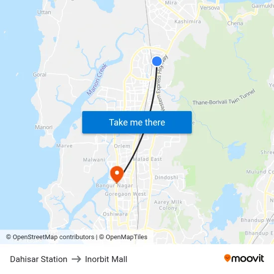 दहीसर स्टेशन to इनऑर्बिट मॉल map