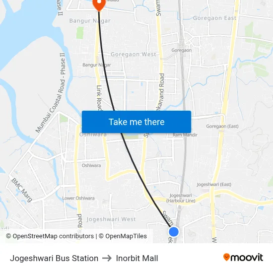 Jogeshwari Bus Station to Inorbit Mall map