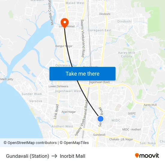 Gundavali (Station) to Inorbit Mall map
