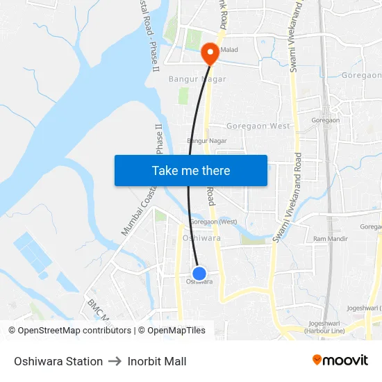 Oshiwara Station to Inorbit Mall map
